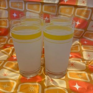 (4) Vintage Lemon Yellow and White frosted tall glasses - Libbey? MCM Culver?